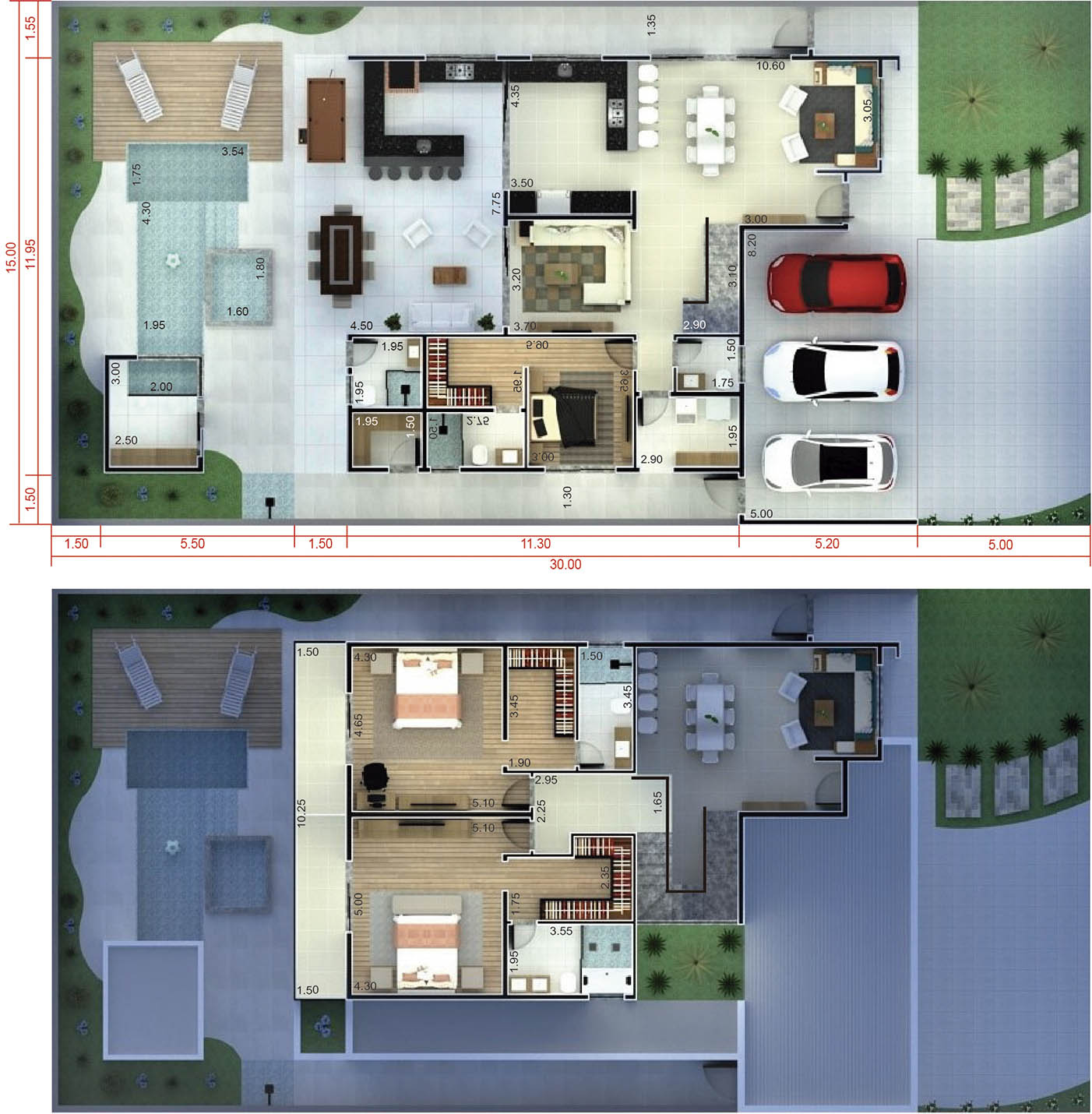 Project with 3 parking spaces in the garage15x30