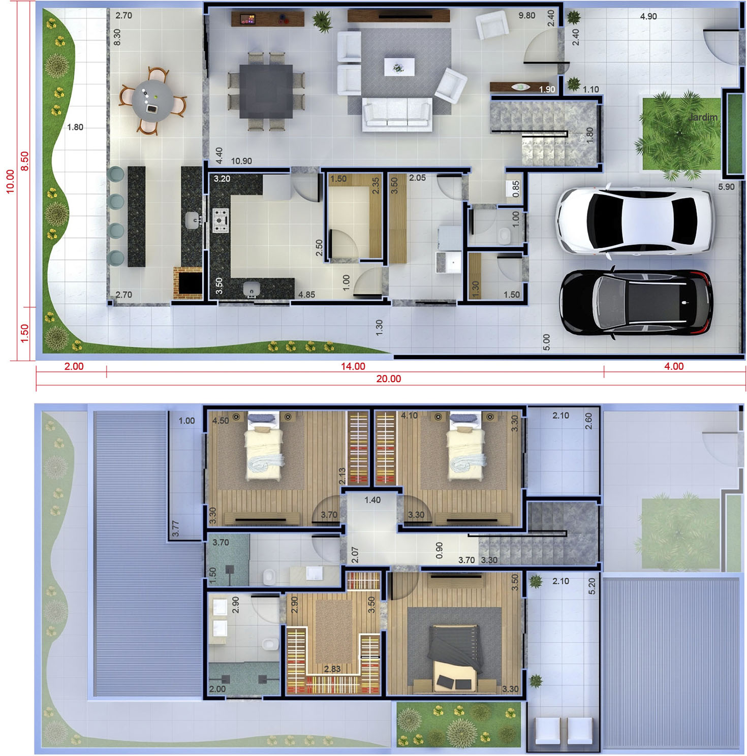 Modern 3 bedroom townhouse plan10x20