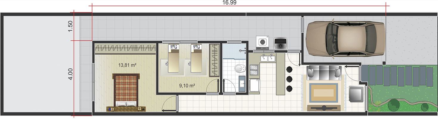 Floor plan with built-in roof5,50x25