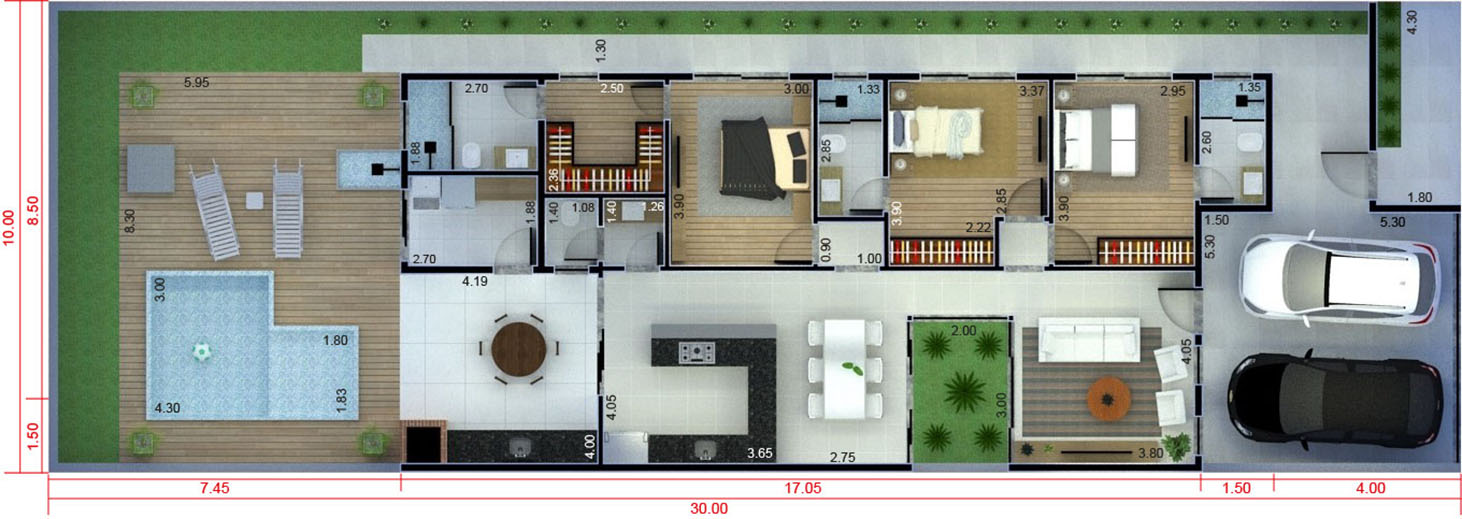 Single storey house plan with roof sight10x30