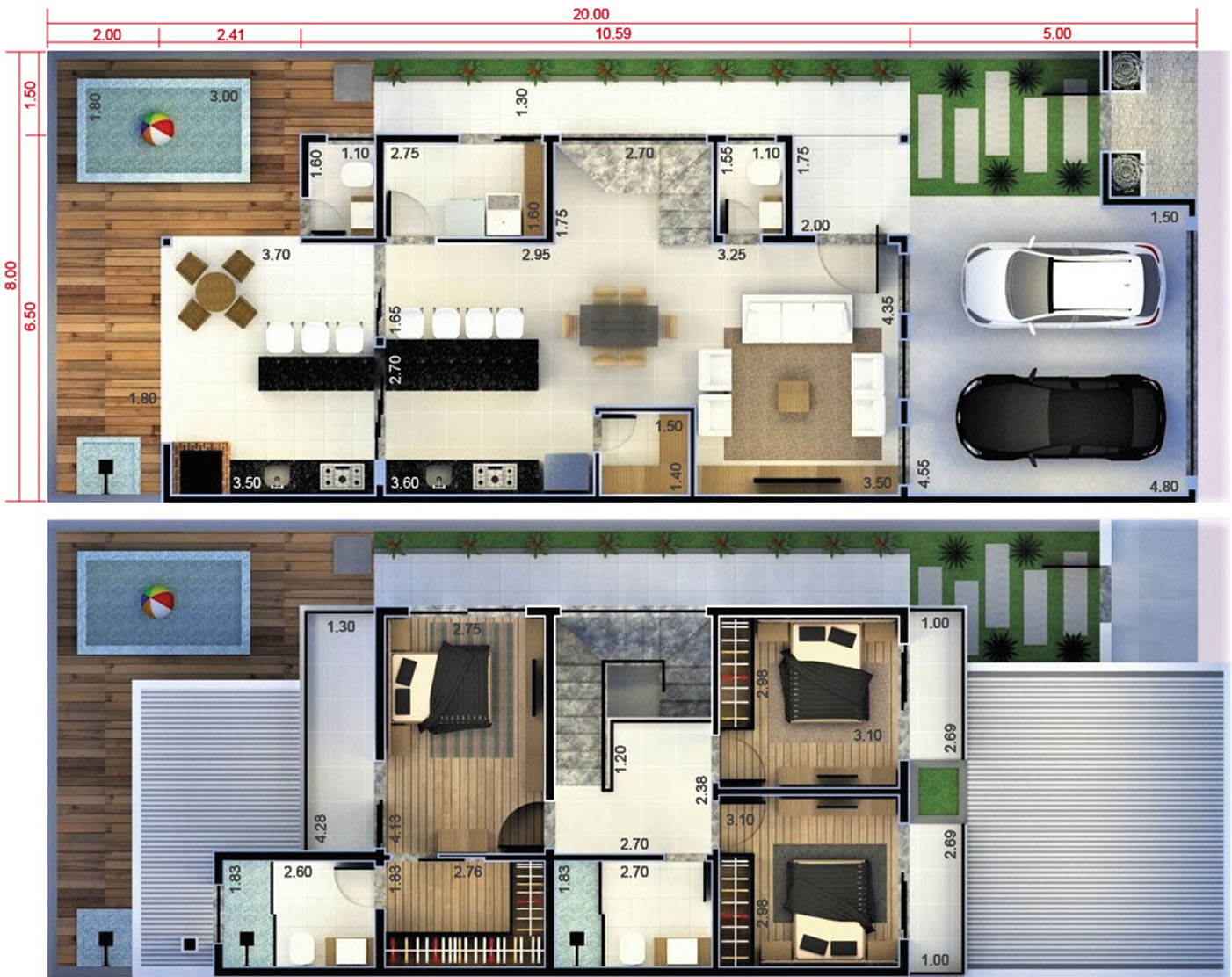 Floor plan with 2 bedrooms and 1 suite8x20