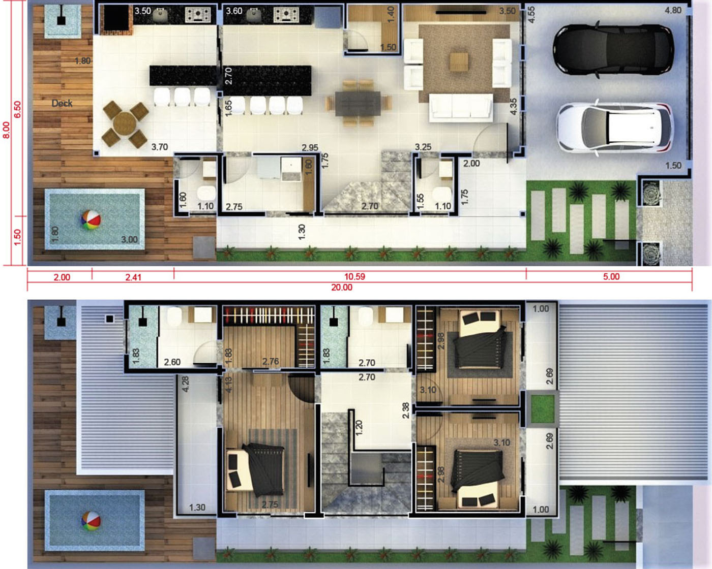 Floor plan with 2 bedrooms and 1 suite8x20