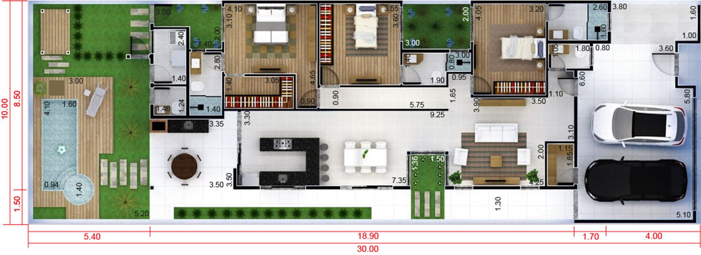 Floor plan with 3 bedrooms10x30