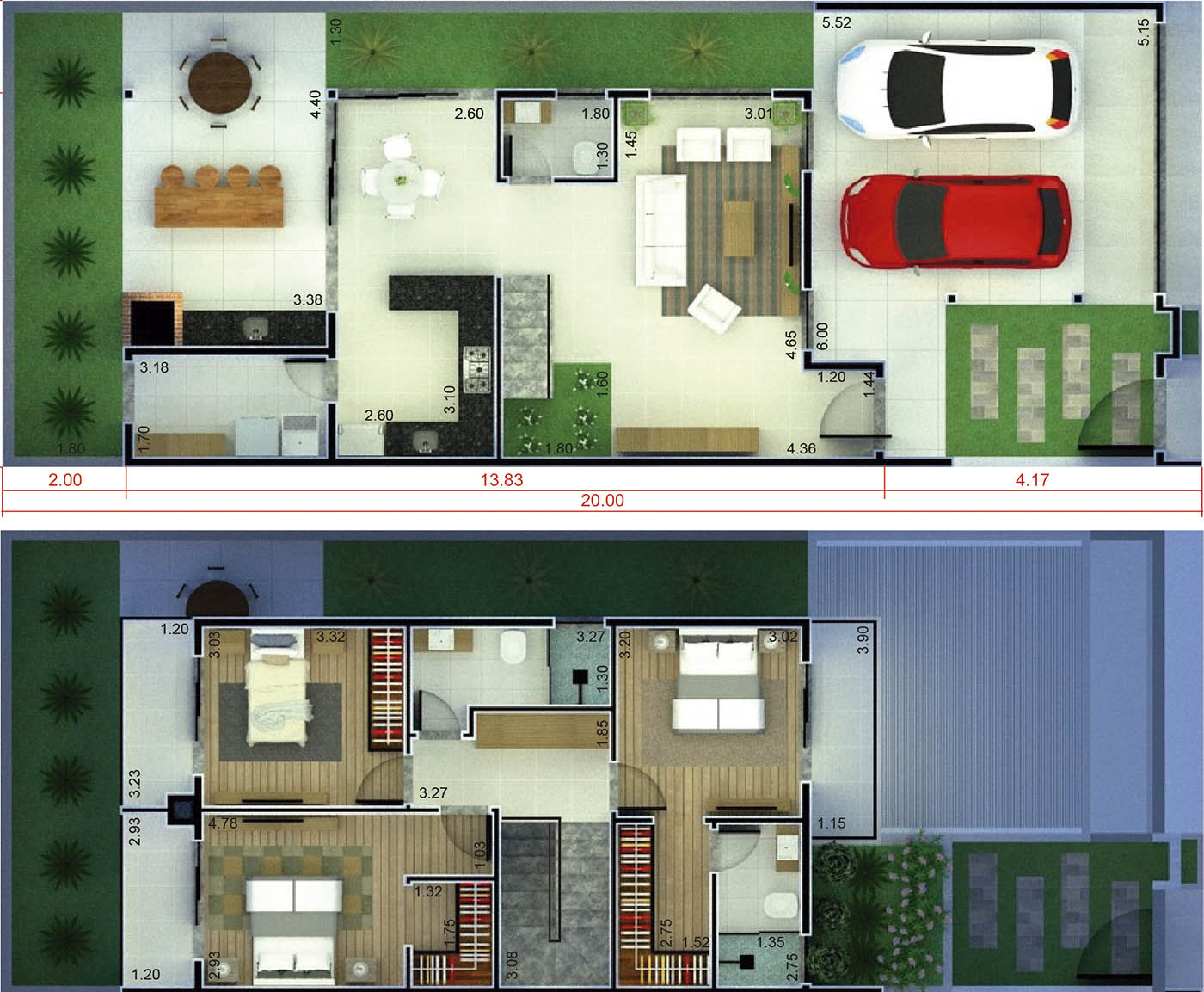 House plan with 3 bedrooms with balcony8x20