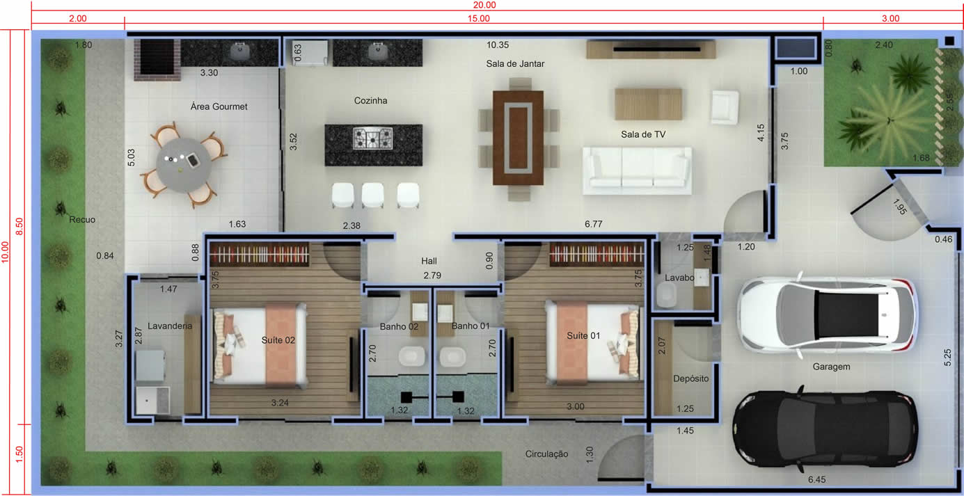 House plan with 2 bedrooms and gourmet area10x20