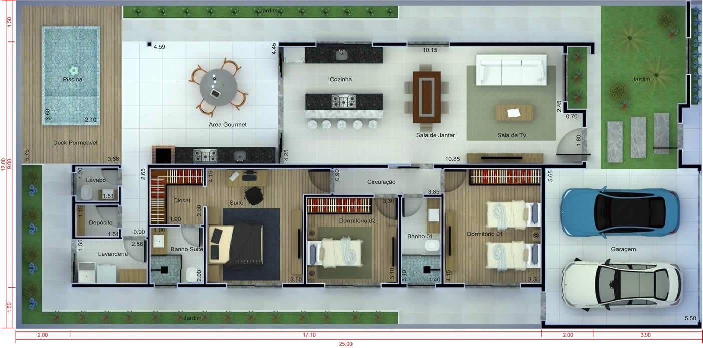 House plan with 3 bedrooms and pool12x25