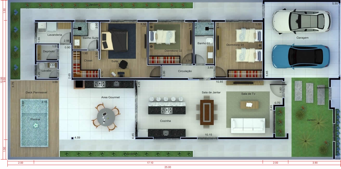 House plan with 3 bedrooms and pool12x25