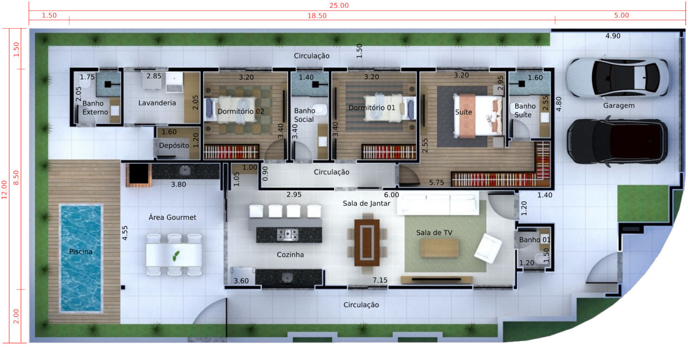 Corner house plan with gate and wall12x25