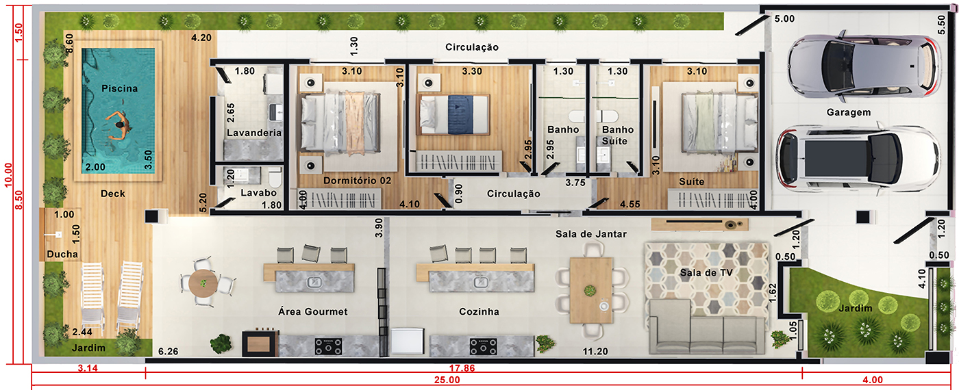 Ground floor design with double height10x25