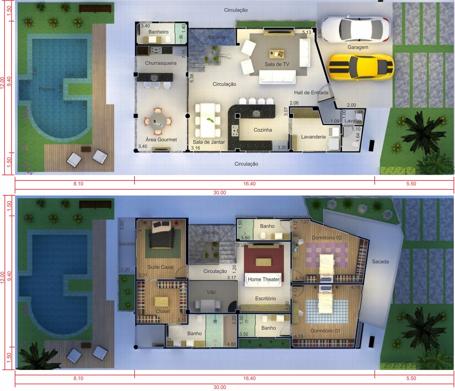 Contemporary floor plan with 3 suites12x30