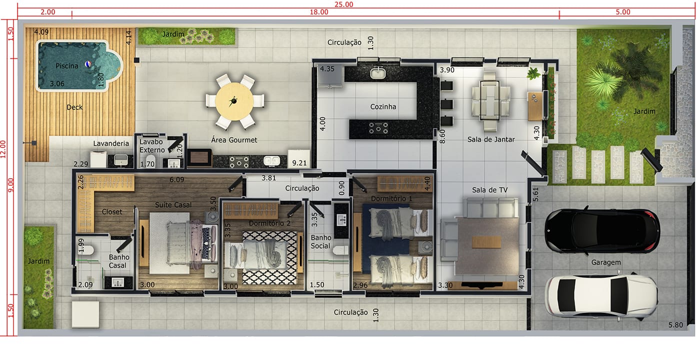 House plan with 2 bedrooms and 1 suite12x25