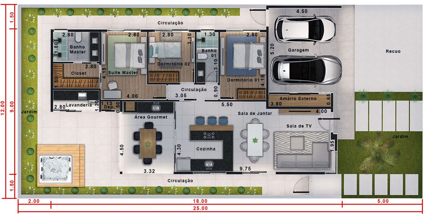 Ground floor house plan with hot tub12x25