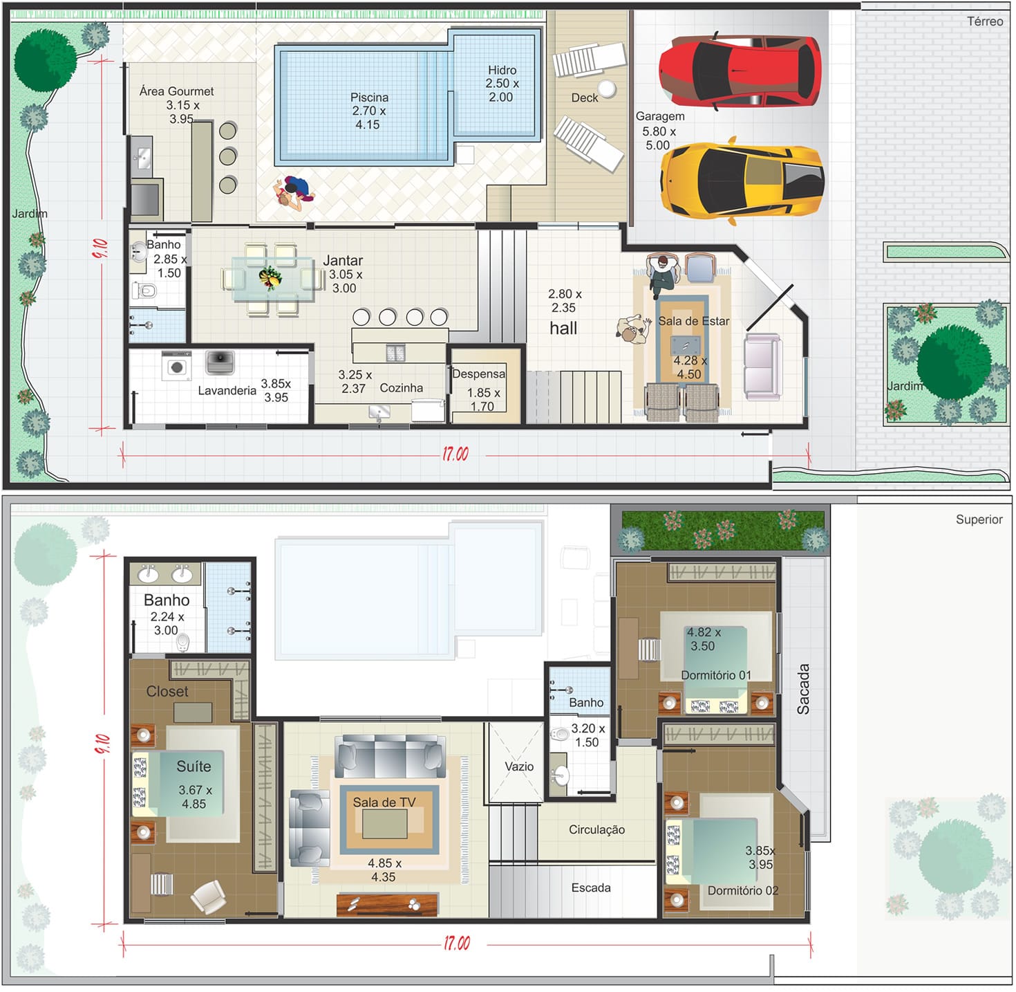 Floor plan in L with swimming pool12x25