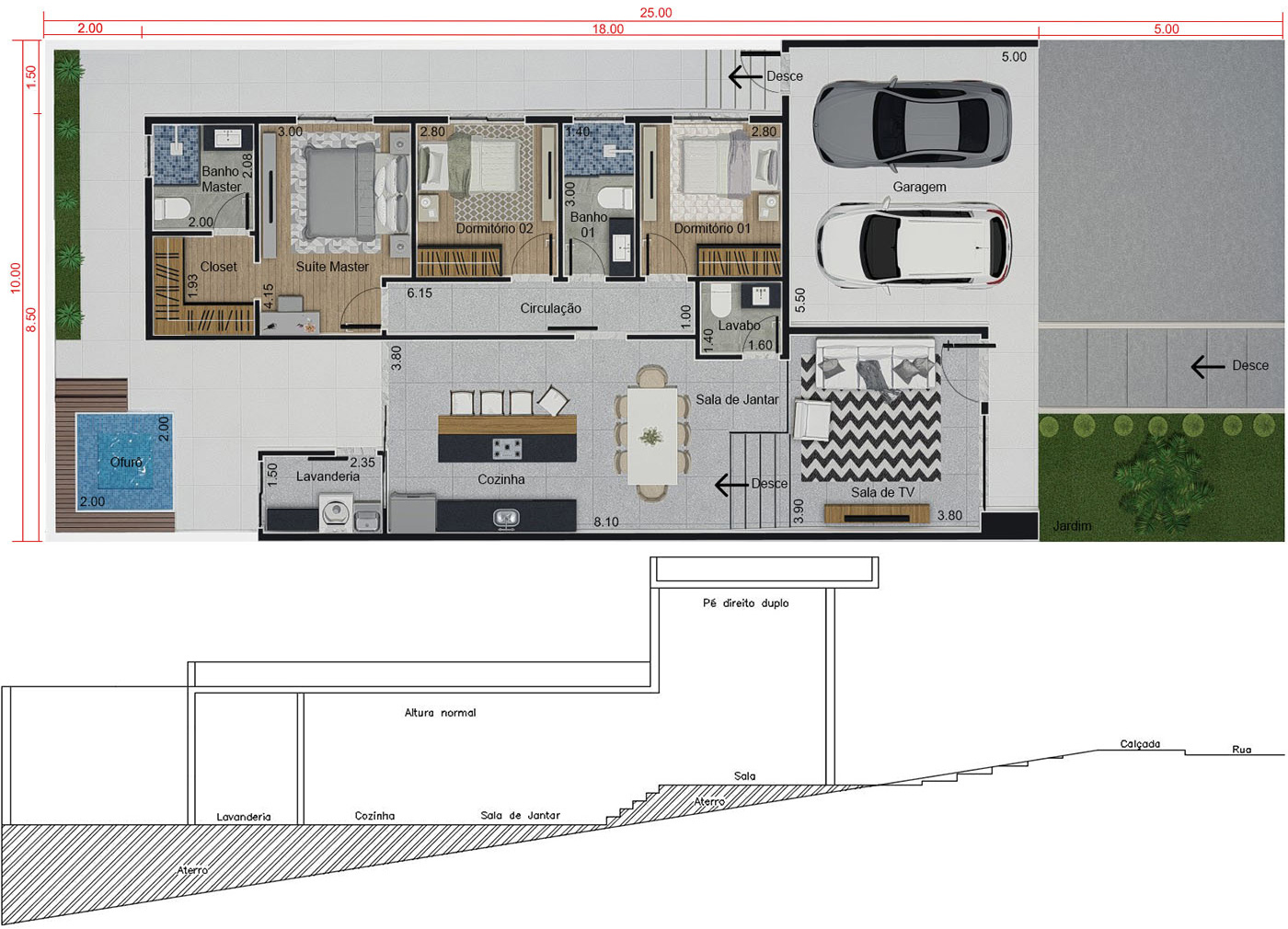 Sloping ground floor house plan10x25