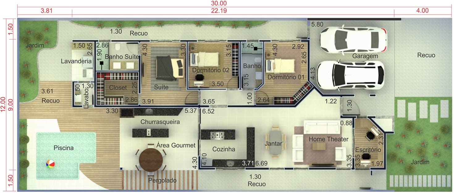 Ground floor house plan with gourmet area12x30