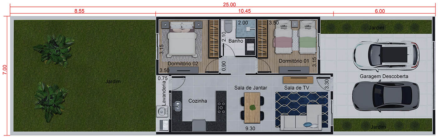 70m² single storey house plan7x25