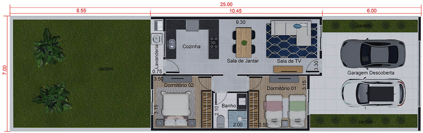 70m² single storey house plan7x25