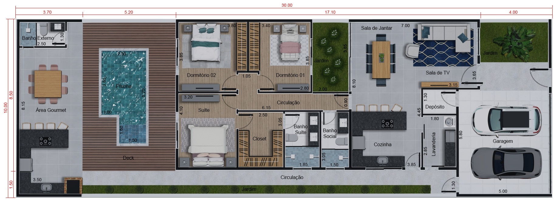 Single storey with outbuilding and swimming pool10x30