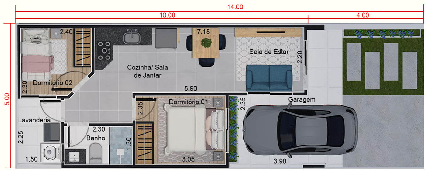 50m² single storey house5x14