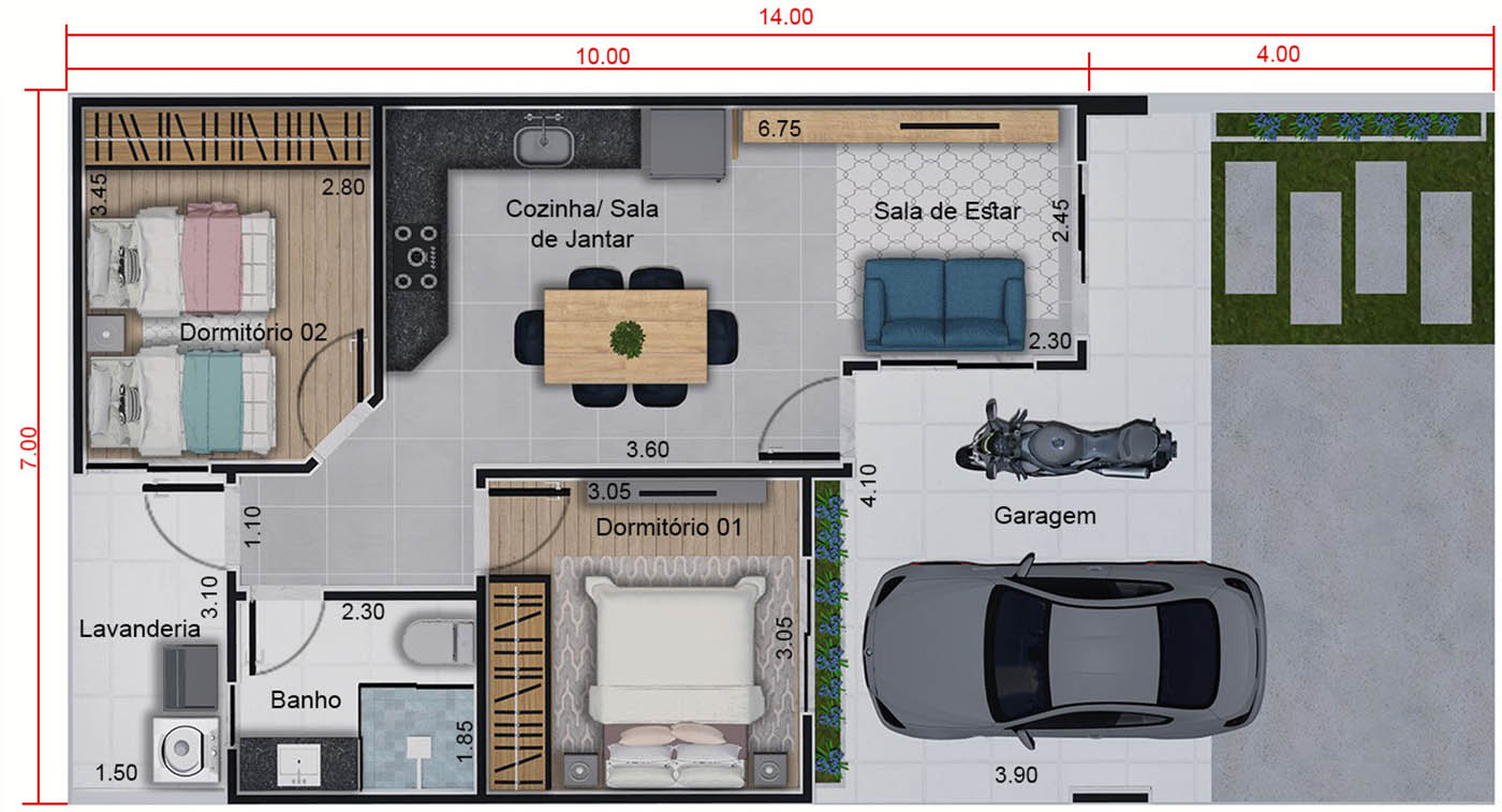 70m² single storey house7x14