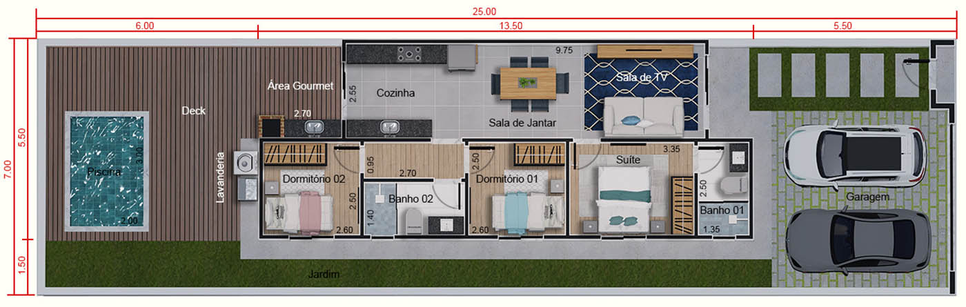 65m² floor plan with 3 bedrooms7x25