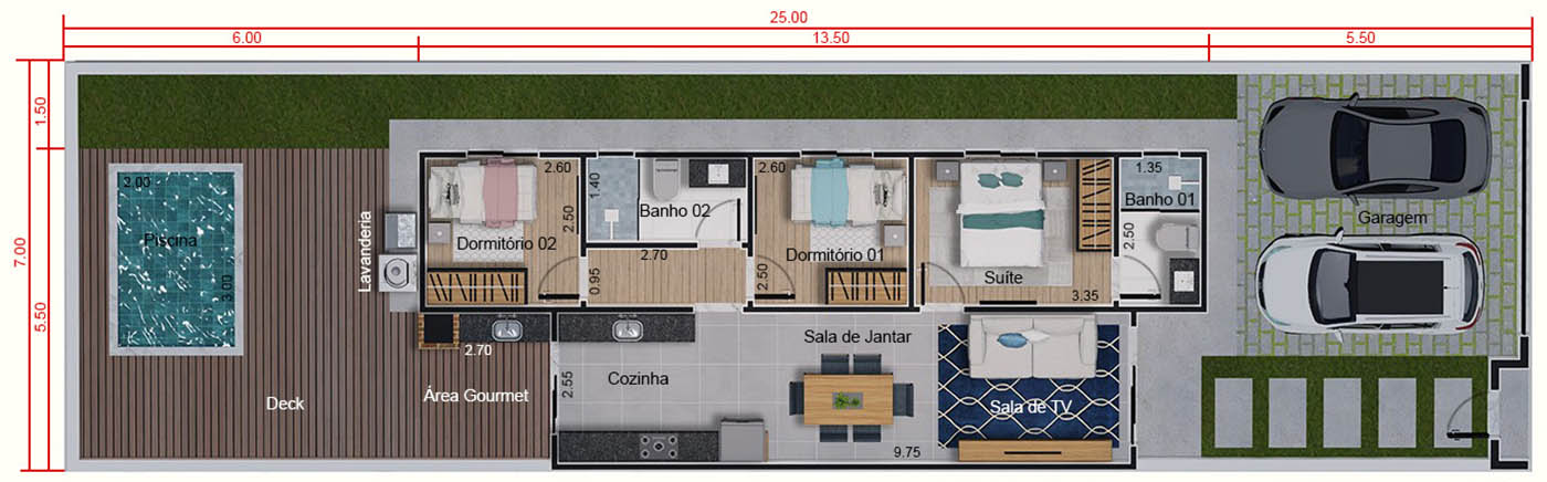 65m² floor plan with 3 bedrooms7x25