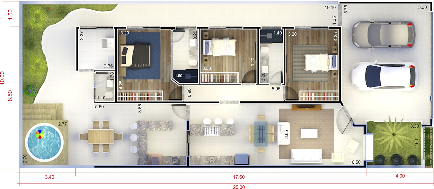 House plan with wooden facade10x25