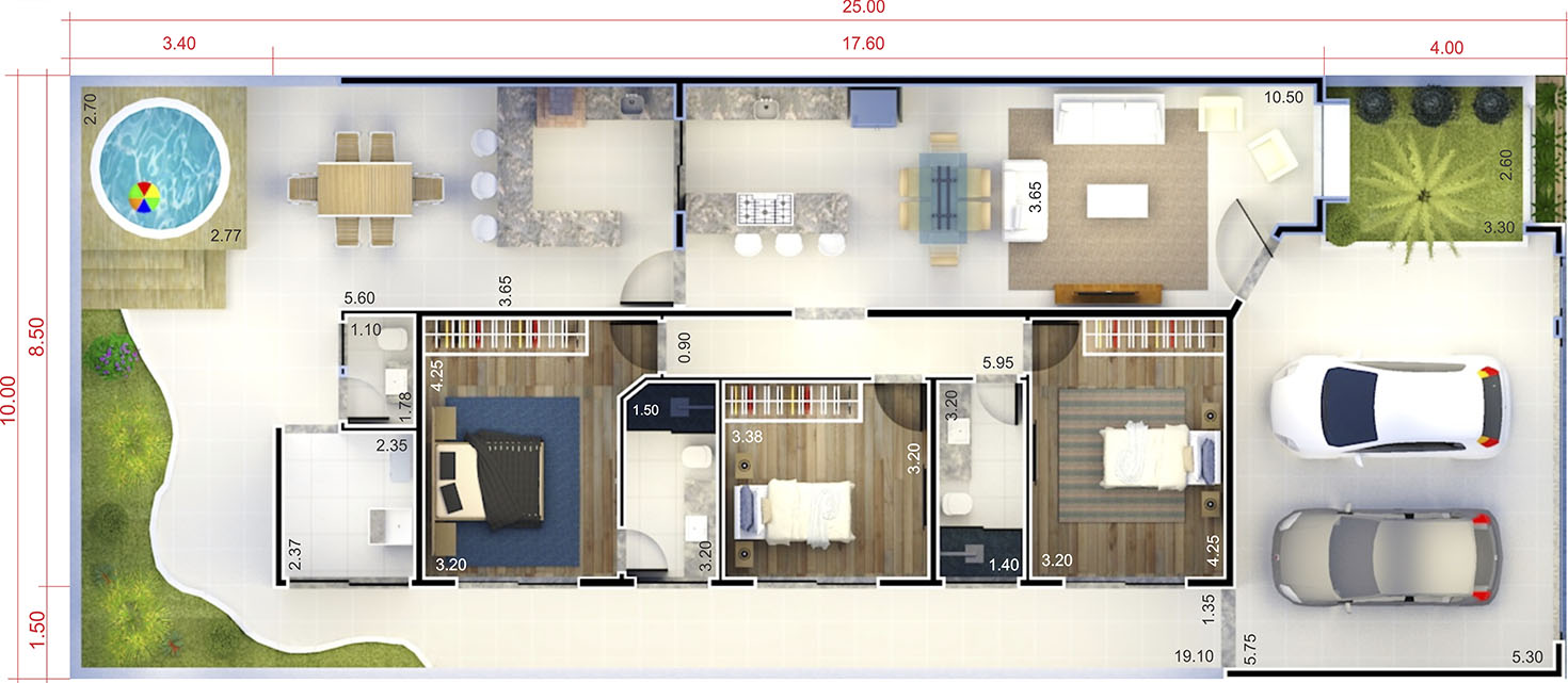 House plan with wooden facade10x25