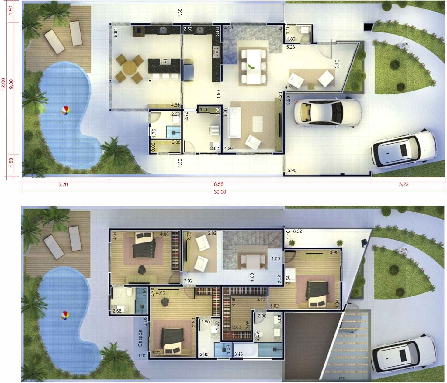 Two-storey house with wooden pergola12x30