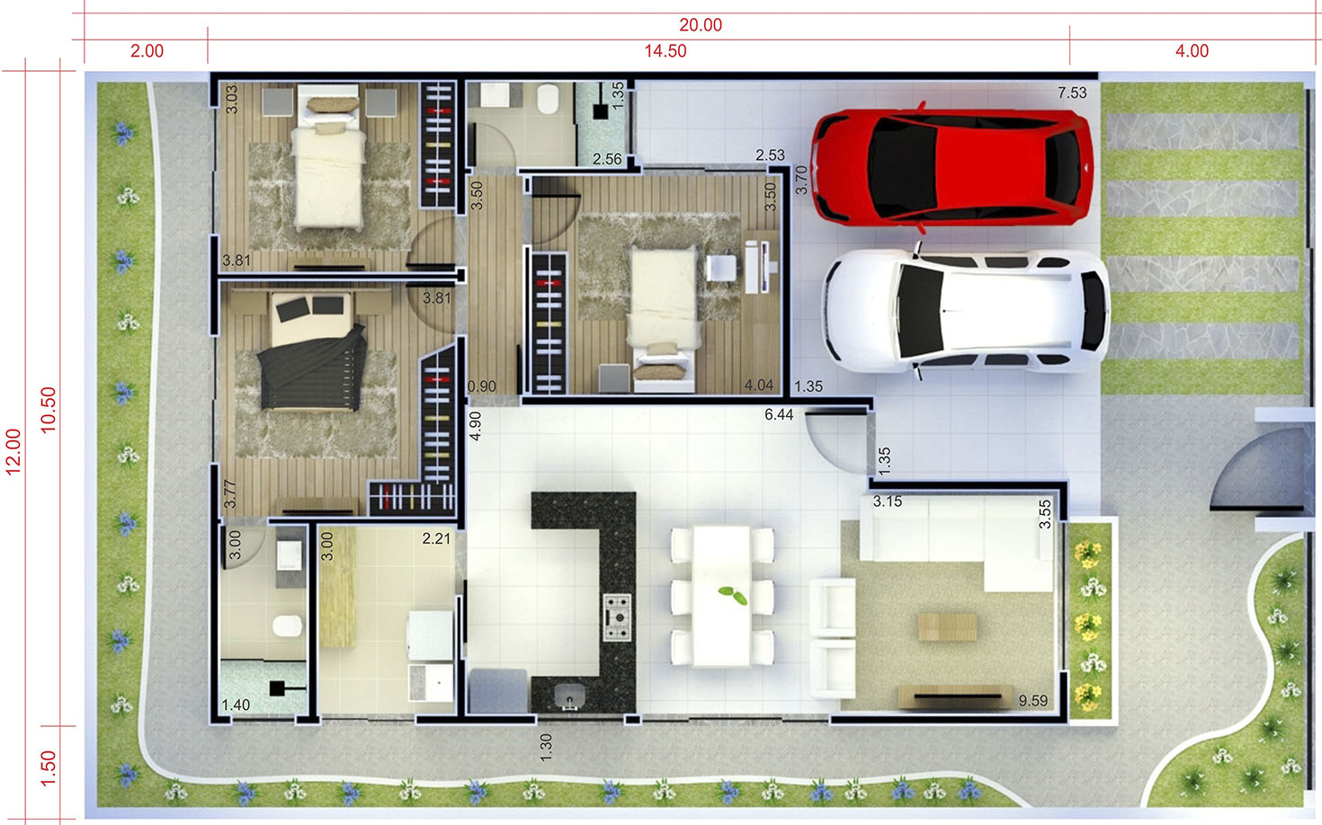 Single storey house with garage for two cars12x20