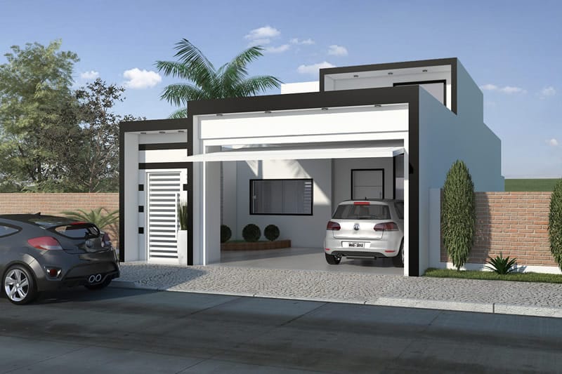 House plan with black and white facade