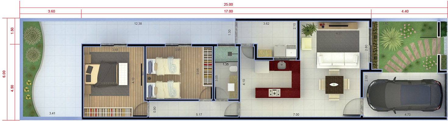 House plan with 2 bedrooms6x25