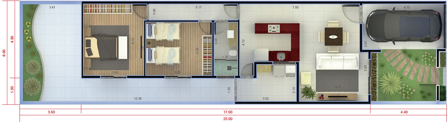 House plan with 2 bedrooms6x25