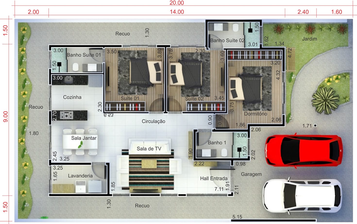 House plan with 2 suites and 1 bedroom12x20