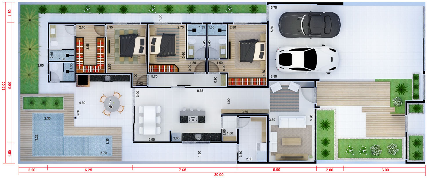 Single storey house with 3 suites12x30