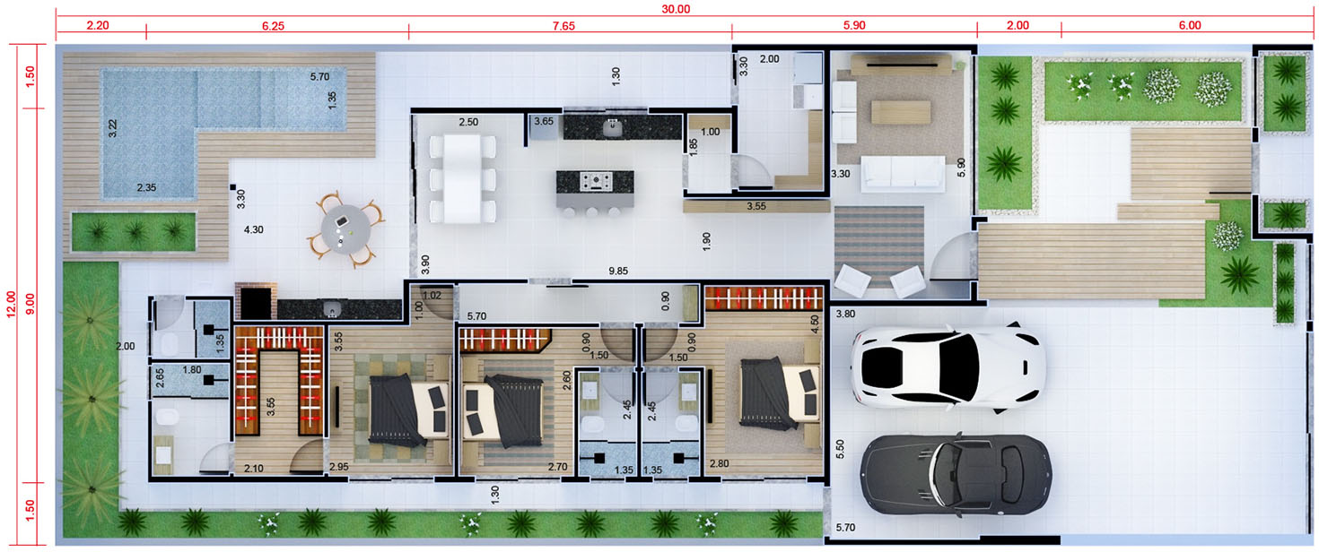 Single storey house with 3 suites12x30