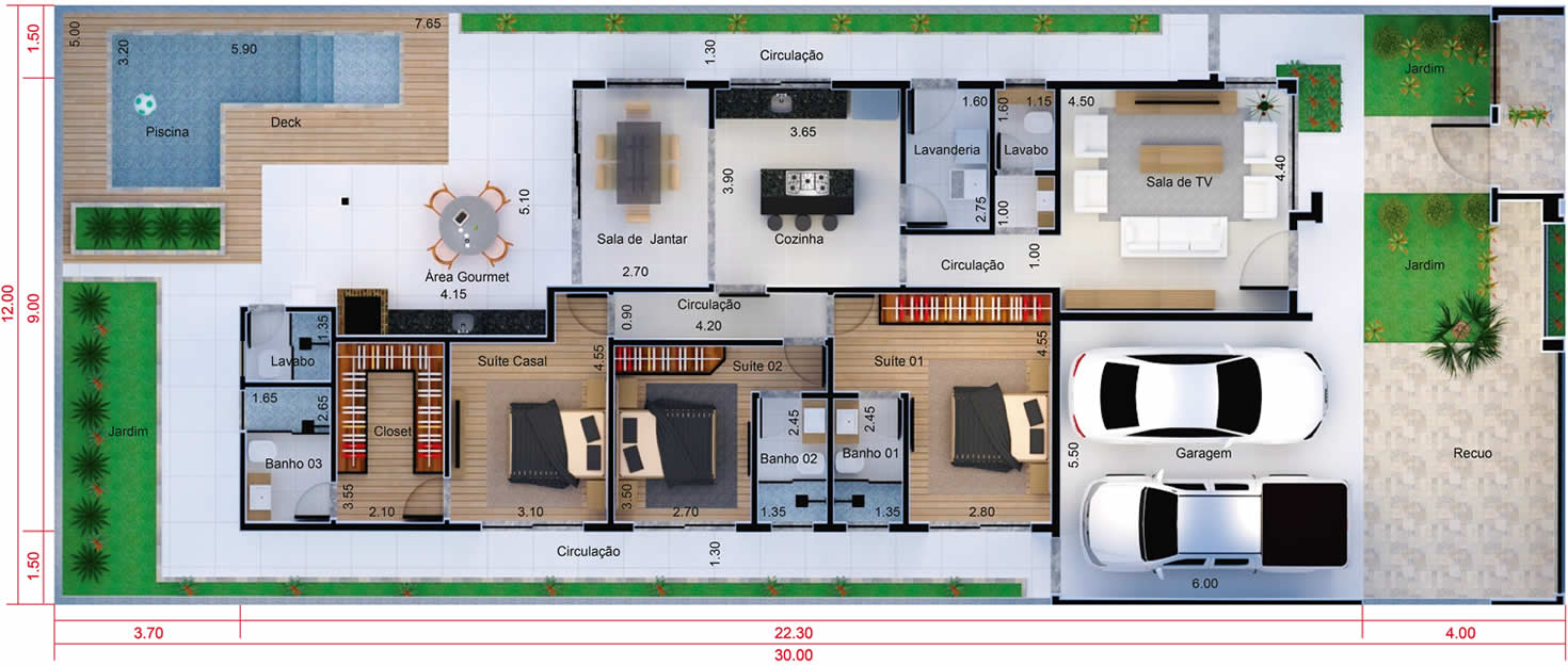 Single storey house with 3 suites12x30