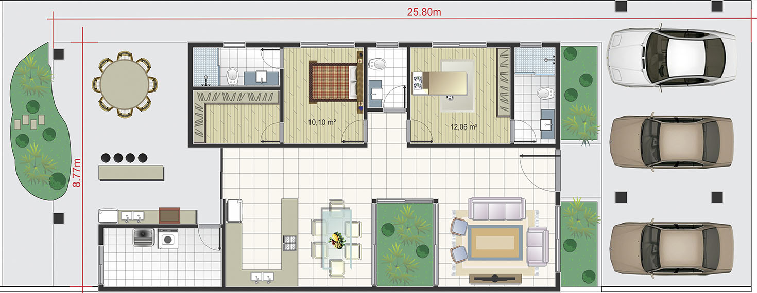 House plan with 3 parking spaces10,50x25,80